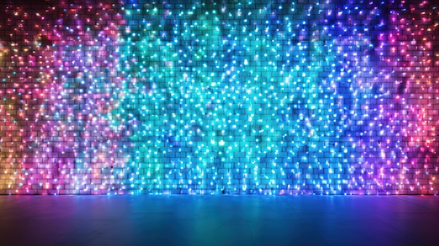 Blurred background of a brick wall with neon colorful lights Defocused light Bokeh in the background Disco wall