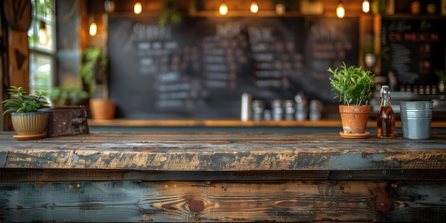 Blurred background of a cafe counter with a blackboard wooden table and abstract lighting Concept Cafe Setting Blurred Background Wooden Table Abstract Lighting Blackboard