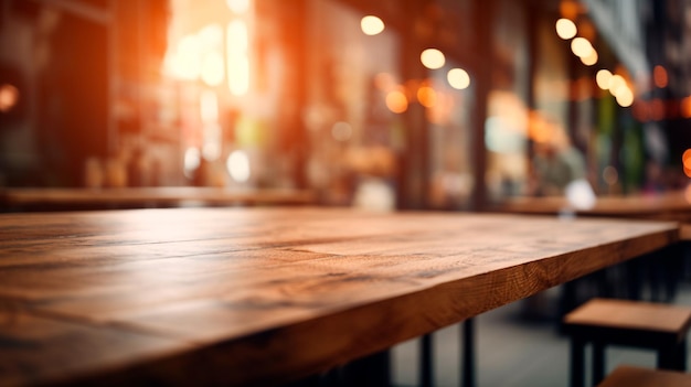 Blurred background of a cafe or restaurant features an empty wooden table Generative AI