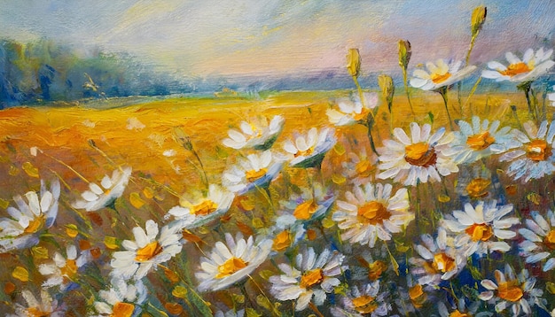 Blurred background of daisies on the indian summer field oil painting impressionism