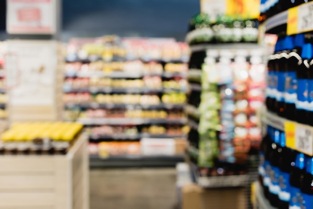 Photo blurred background food shelves supermarket