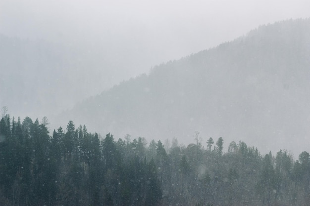 山の上の大雪の背景をぼかした写真 嵐の冬の天気