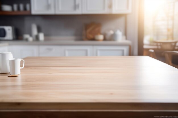 Blurred Background Kitchen Utensils Generative AI Art Transforms Empty Table in Wooden Kitchen with