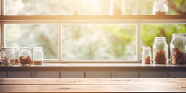 Photo blurred background of kitchen window and shelves with empty table