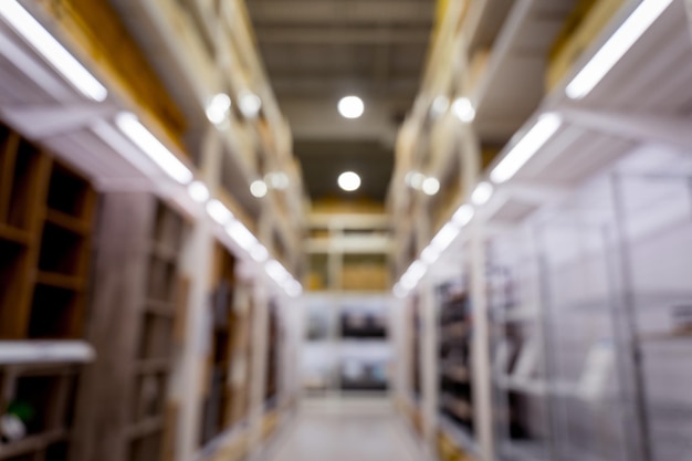 Blurred background of large household appliances and furniture store