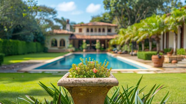 Foto uno sfondo sfocato di un lussureggiante giardino e piscina che porta a un'ampia villa che cattura il