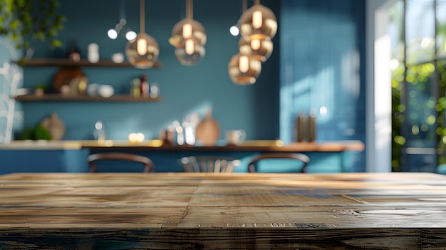 Foto sfondio sfocato di una cucina moderna con un tavolo di legno in primo piano