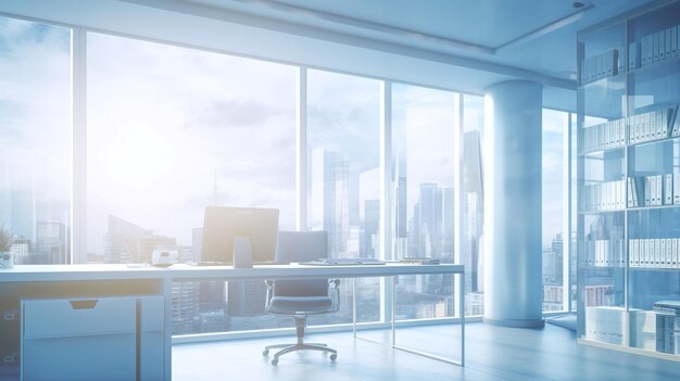 パノラマの窓を持つ現代のオフィスインテリアの背景をぼかした写真生成 AI テクノロジー