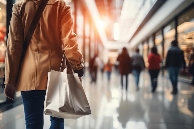 Blurred background of a modern shopping mall with some shoppers Generative AI