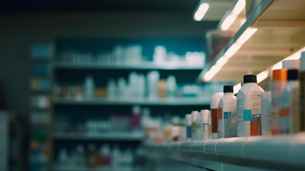 Blurred background of a pharmacy or drugstore with defocused objects