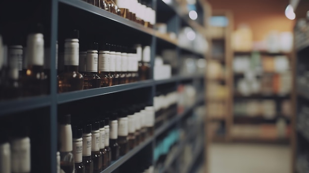 Blurred background of a pharmacy or drugstore with defocused objects
