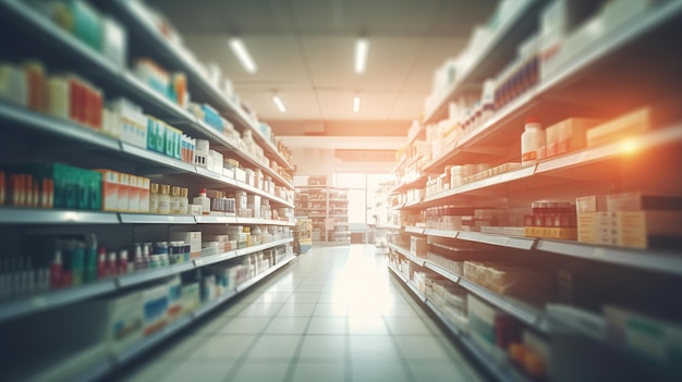 Blurred background of a pharmacy or drugstore with defocused objects