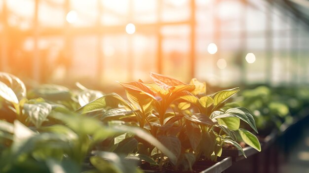 Blurred Background of a Planthouse with panoramic Windows and Sunlight