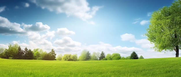 Размытый фон весенней природы с красиво подстриженным газоном на фоне голубого неба и облаков в яркий солнечный день