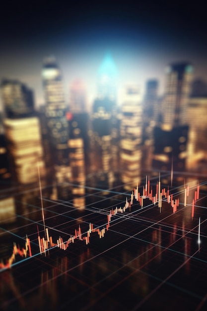 Размытый фон концепции бизнеса на фондовом рынке с финансовым диаграммой на экране и метрополисом Инвестиционный и торговый фон
