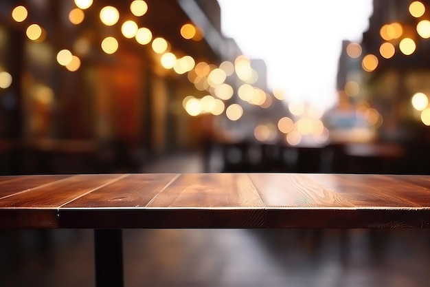 Photo blurred background that frames dark wood table in cafe