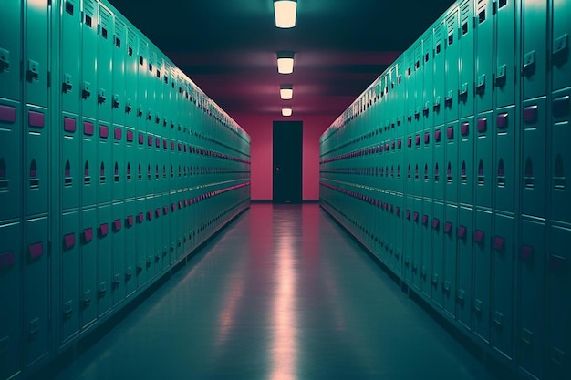 Blurred background of tunnel like hallway lined with multi colored lockers