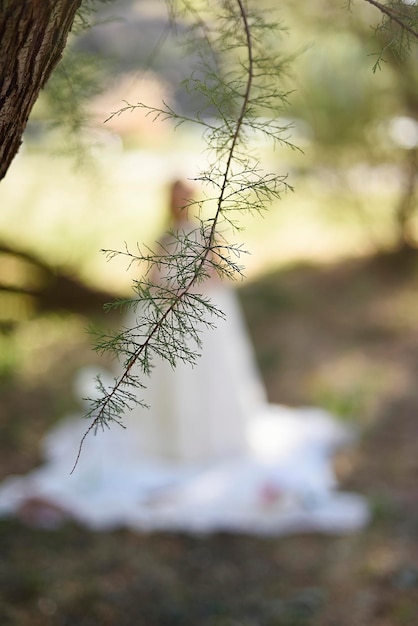 Foto sfondio sfocato con ragazza della prima comunione e ramoscello di albero risorsa grafica