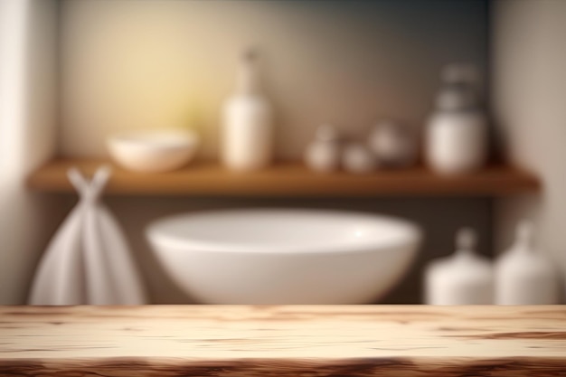 Blurred bathroom setting with an empty wooden table for product display