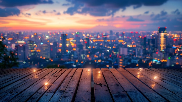 Photo blurred beautiful city view at twilight scene with wooden table