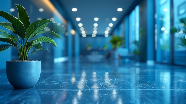 A blurred blue contemporary office interior is set against a blue background