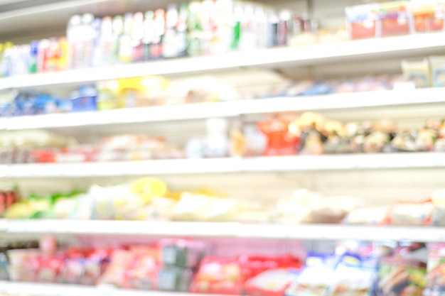 Blurred, blur products on shelves at grocery store, business concept