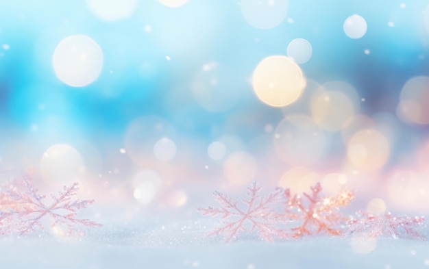 Blurred bokeh background with christmas snowflakes in blue color Merry Christmas and Happy New Year