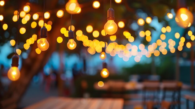 blurred bokeh light with yellow string lights decor in beach restaurant at dusk of s Generative AI