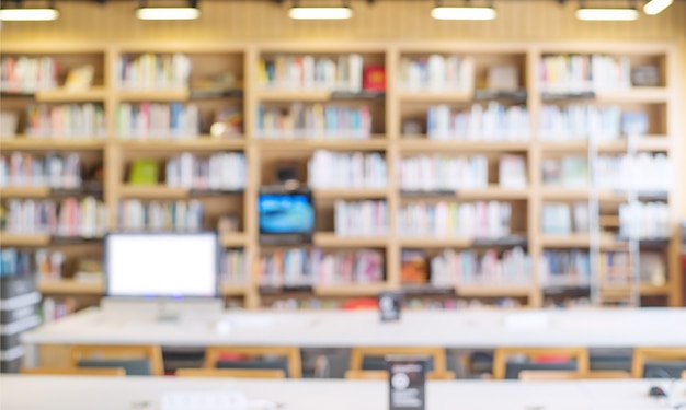 Blurred bookshelf in library room 