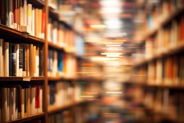 Blurred bookshelf many old books in a book shop or library