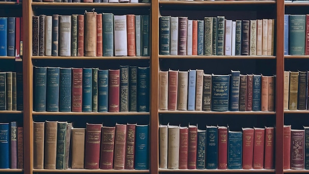 Blurred bookshelf many old books in a book shop or library