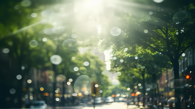 写真 都市のぼやけた明るい日緑の色ボケ味と夏の雰囲気を持つ都市の背景