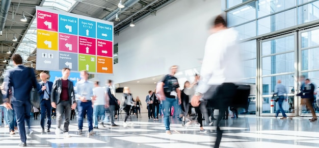 blurred business people at a trade fair hall