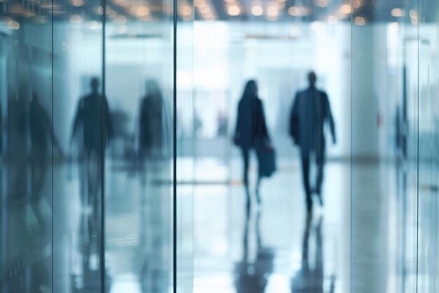 Blurred business people walking fast in the office corridor