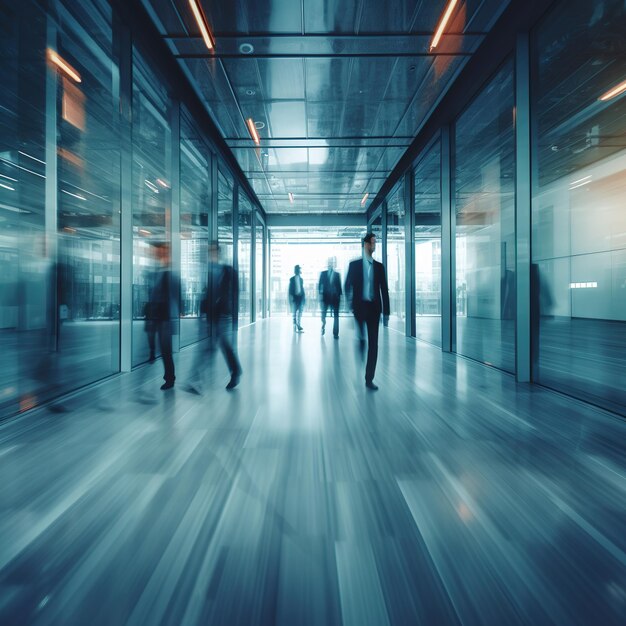 Blurred business people walking in a modern hall
