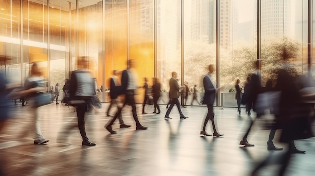 Blurred business people walking in a modern hall