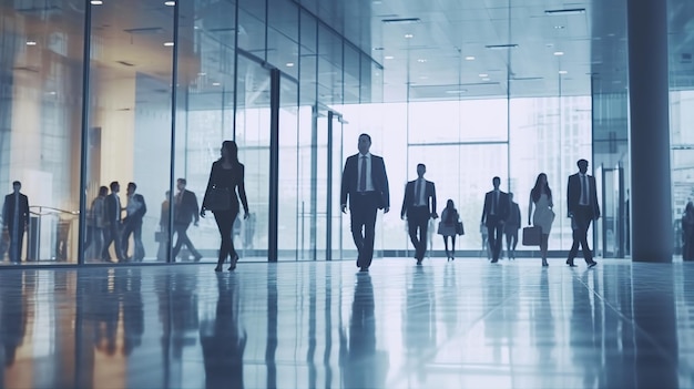 Blurred business people walking in a modern hall