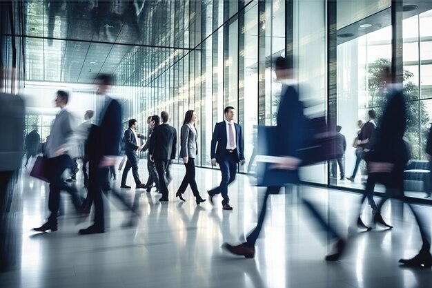 Blurred business people walking in a modern hall