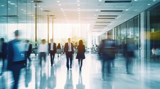 Blurred business people walking in a modern hall