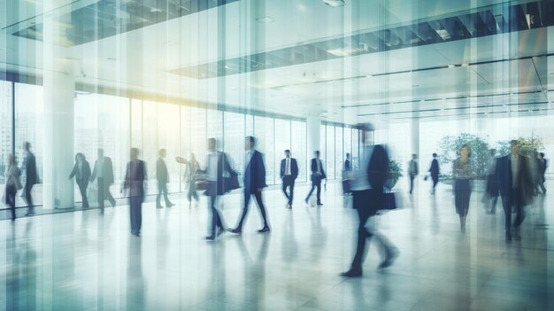 Blurred business people walking in a modern hall