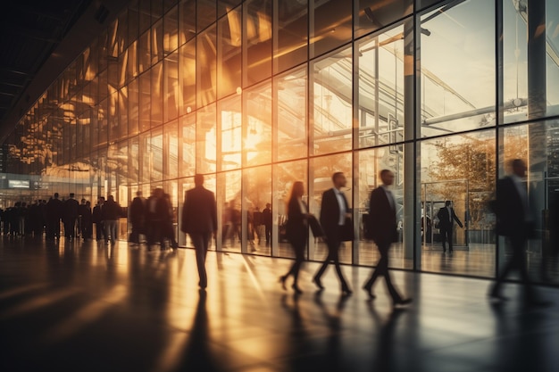 blurred business people walking at a trade fair conference or walking in a modern hall