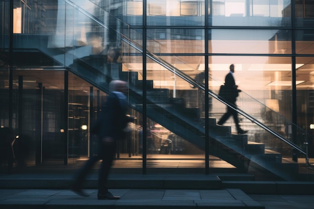 Blurred business people walking up and down stair outside office in fast movement