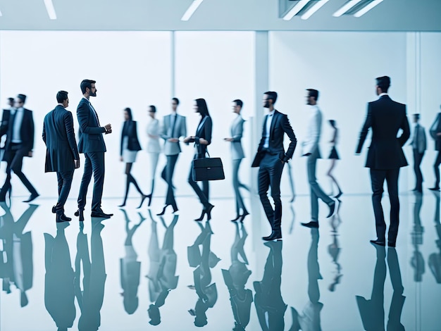 Blurred business people in white glass office ai generative