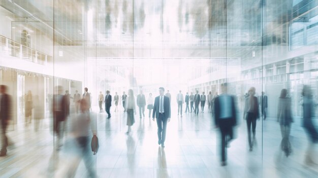 Blurred business people in white glass office background Generative AI illustrator