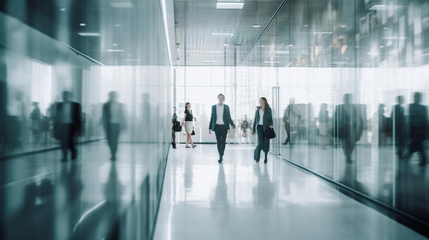 Blurred business people in white glass office background Generative AI