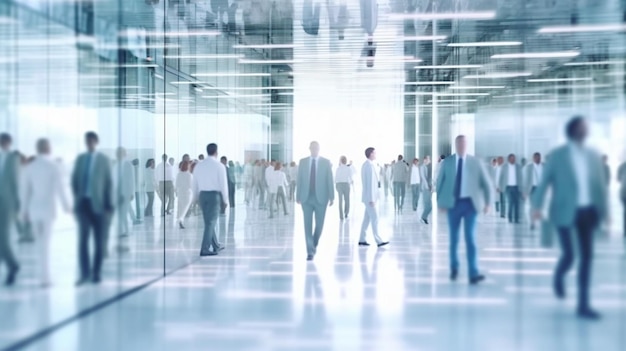 Blurred business people in white glass office background Generative AI