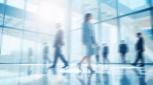 Blurred businessmans and businesswomans waling in modern glass office Business abstract background