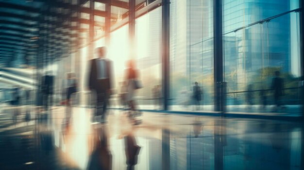 Blurred businessmans and businesswomans waling in modern glass office Business abstract background