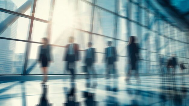 Blurred businessmans and businesswomans waling in modern glass office Business abstract background