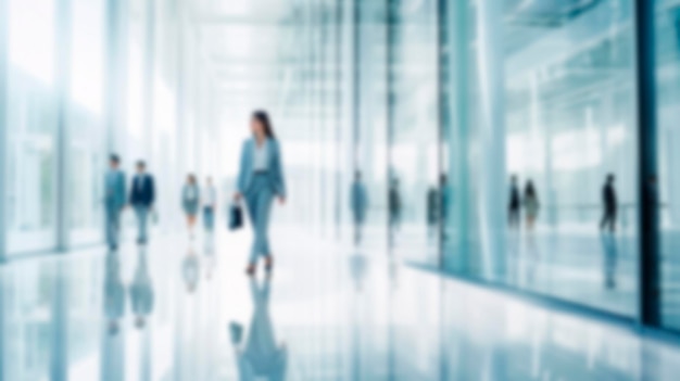 Blurred businessmans and businesswomans waling in modern glass office Business abstract background